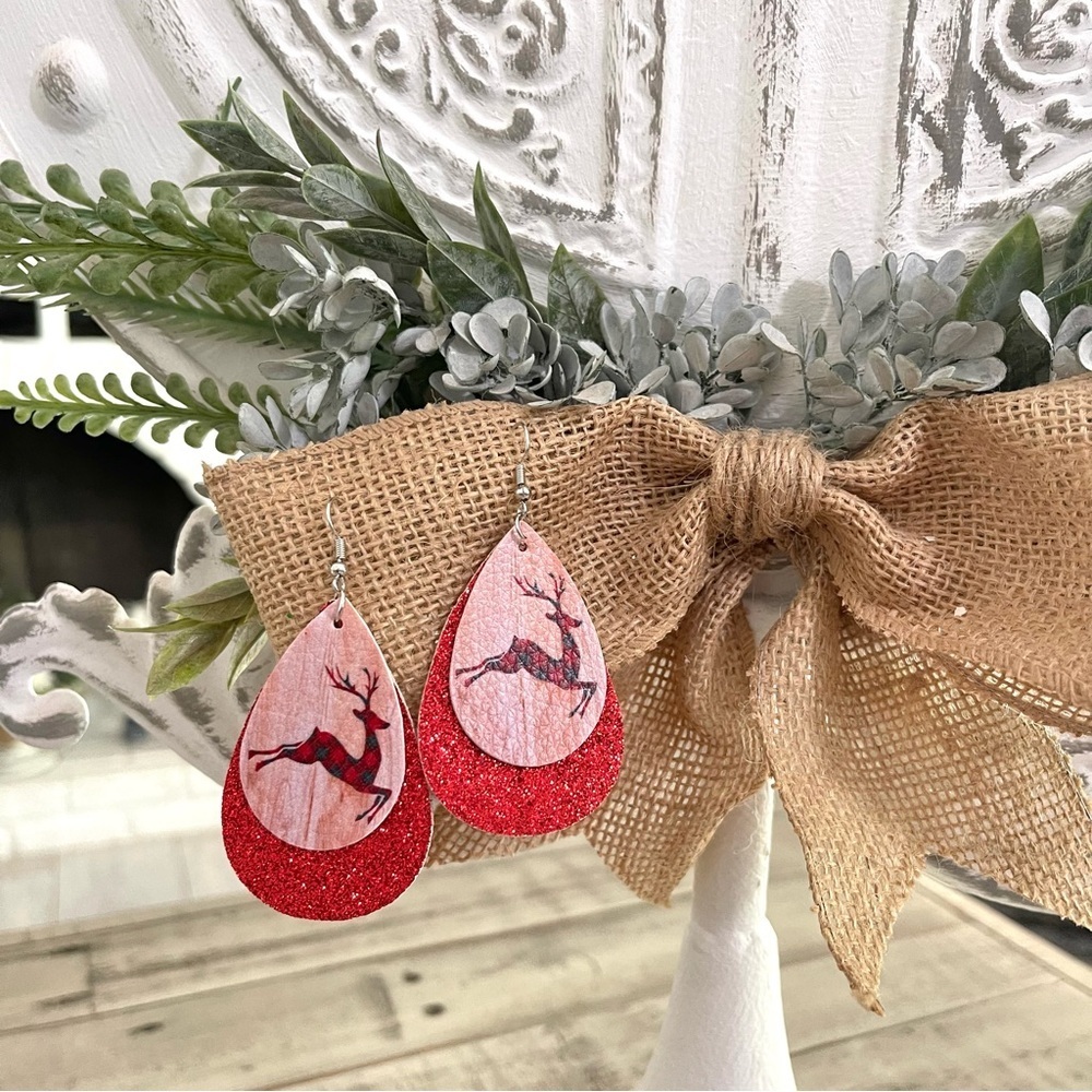 Christmas Faux Leather Teardrop Dangle Earrings Red Buffalo Plaid Reindeer